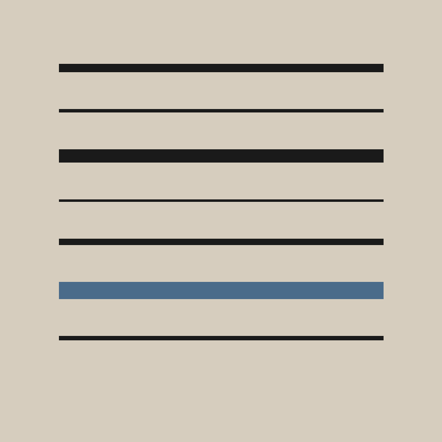 Flat square study: seven horizontal rules of unequal weight stacked on a sand field.
