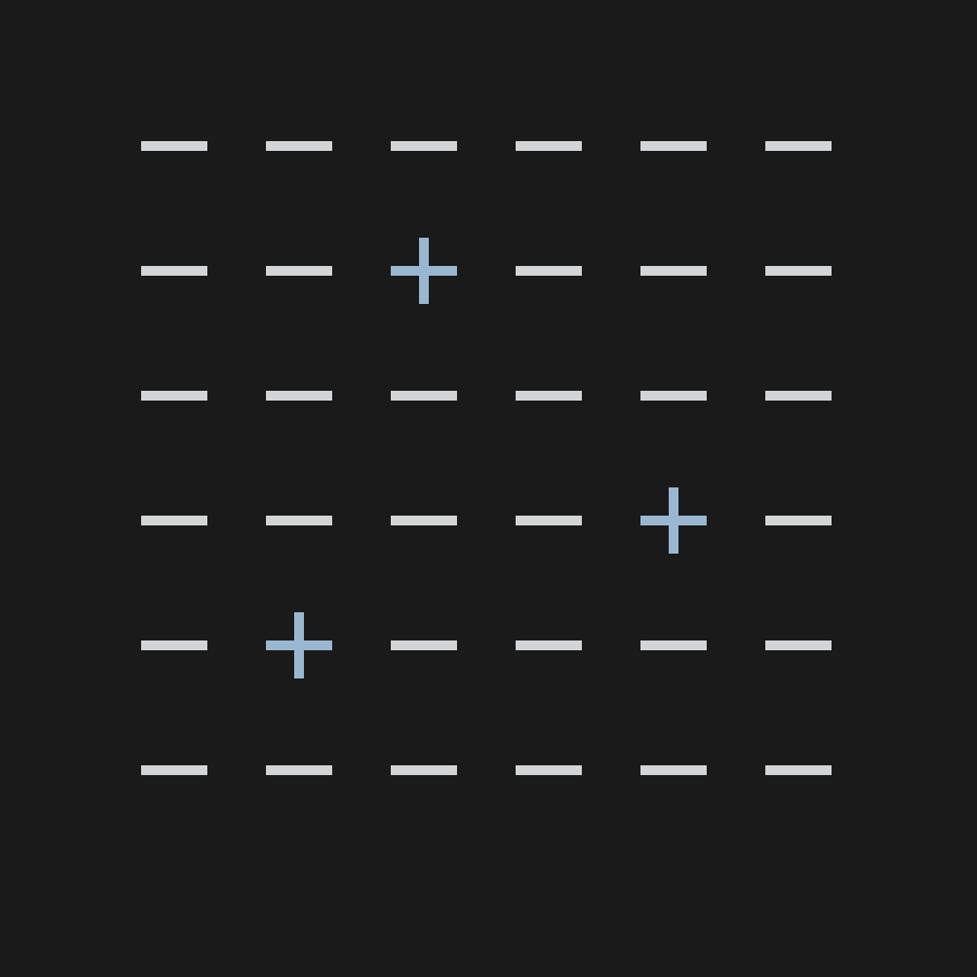 Flat square study: a grid of faint tick marks on black with three struck through in blue.